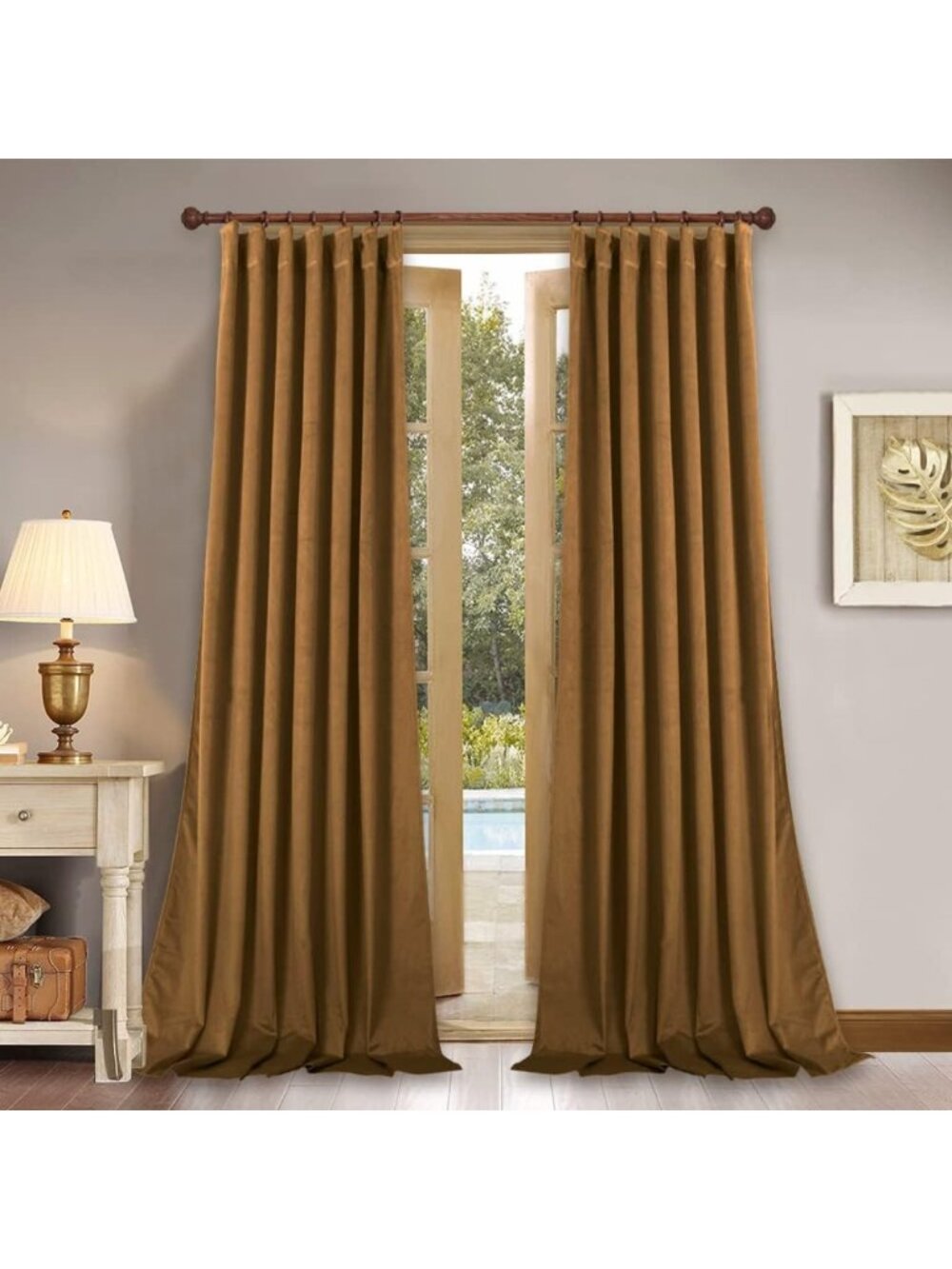 Boho Gold Brown Velvet Curtains, 2 Panels, Back Tab, W52 x L90, Fall Decor